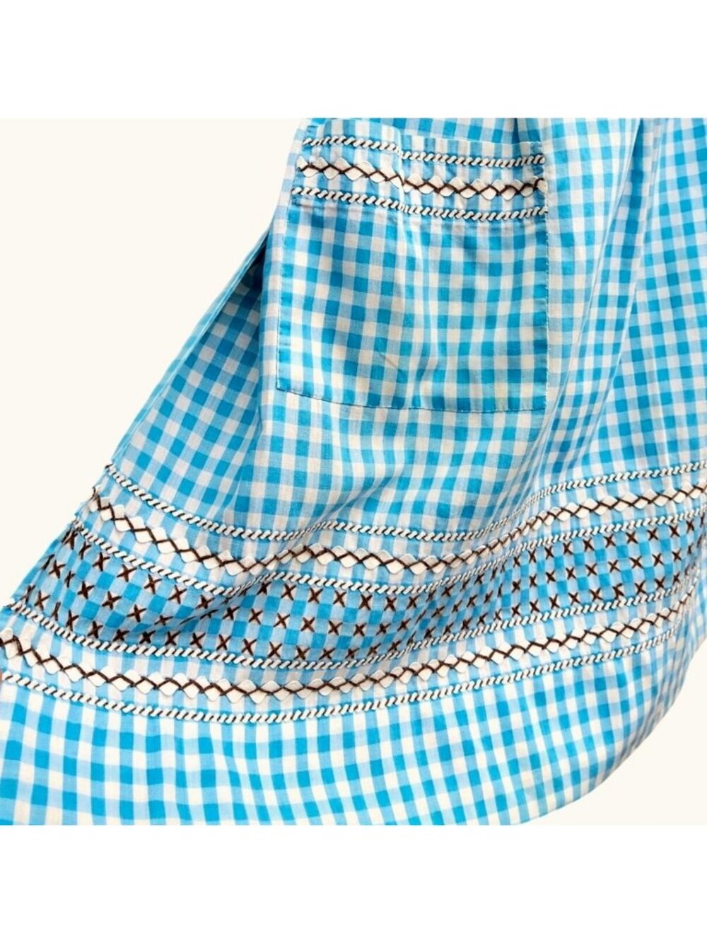 Vintage Handmade Turquoise Gingham Half Apron Hand Embroidery Rickrack Cotton - Picture 13 of 16